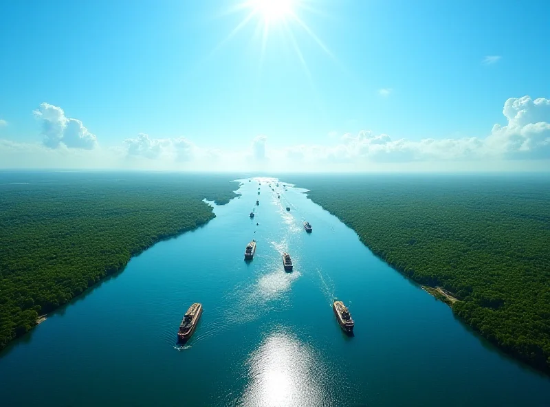 Aerial view of the Panama Canal with ships transiting, bright sunny day.