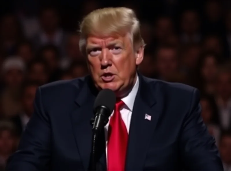 Donald Trump speaking at a podium, serious expression.