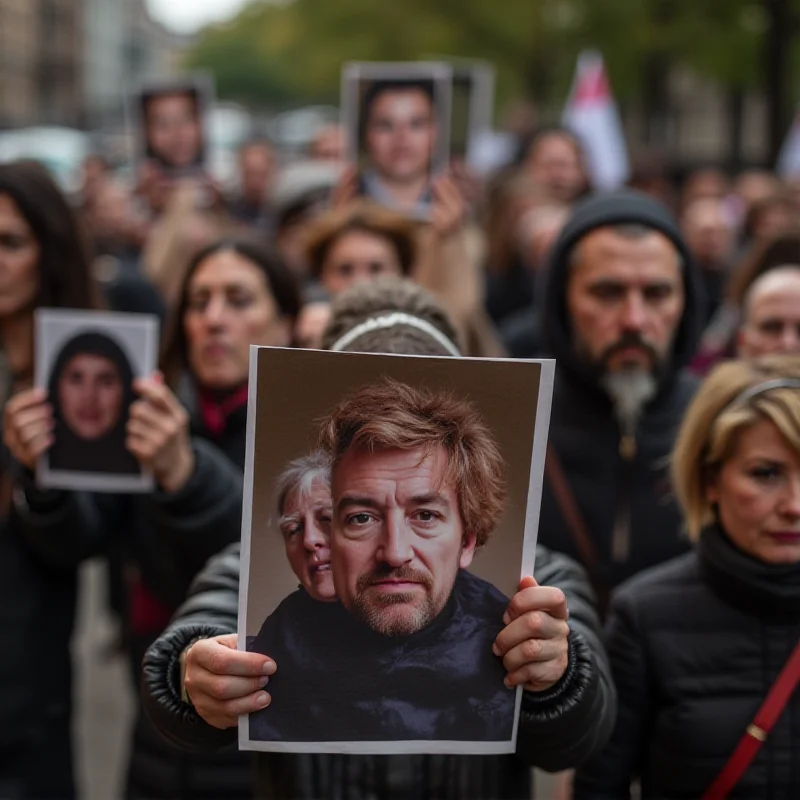 A group of people holding photos of missing hostages, looking concerned.