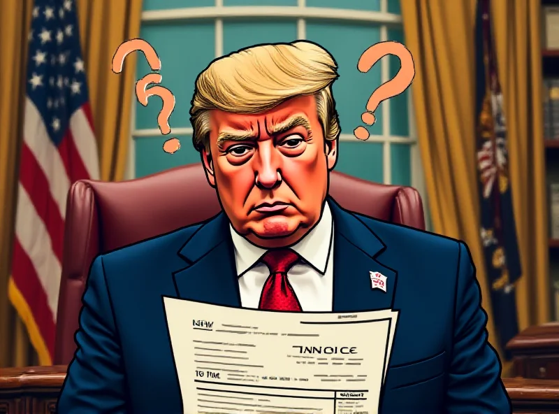 Illustration of a confused Donald Trump looking at a VAT invoice with question marks around his head.