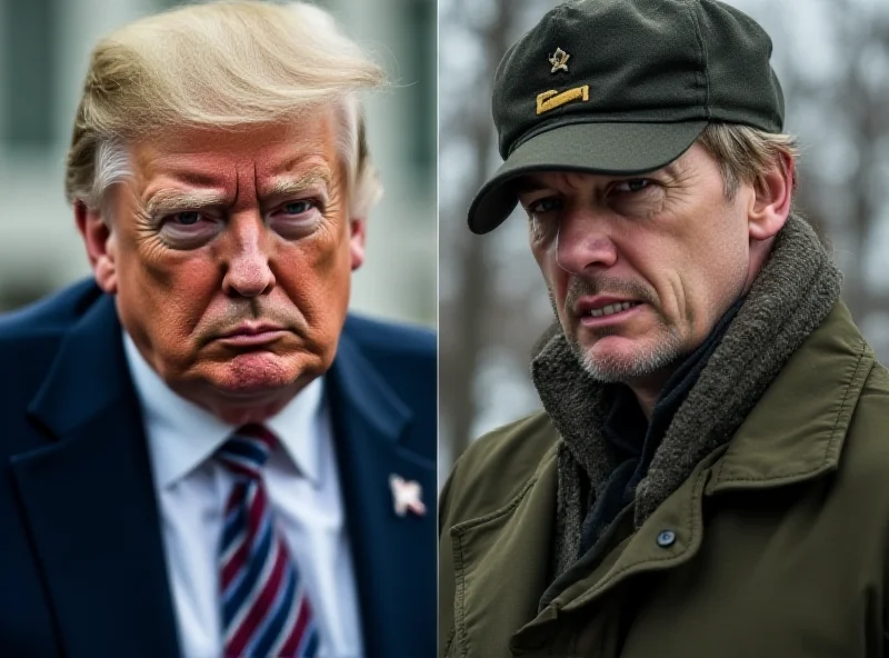 Split image of Donald Trump and Volodymyr Zelenskyy facing each other in a tense standoff.