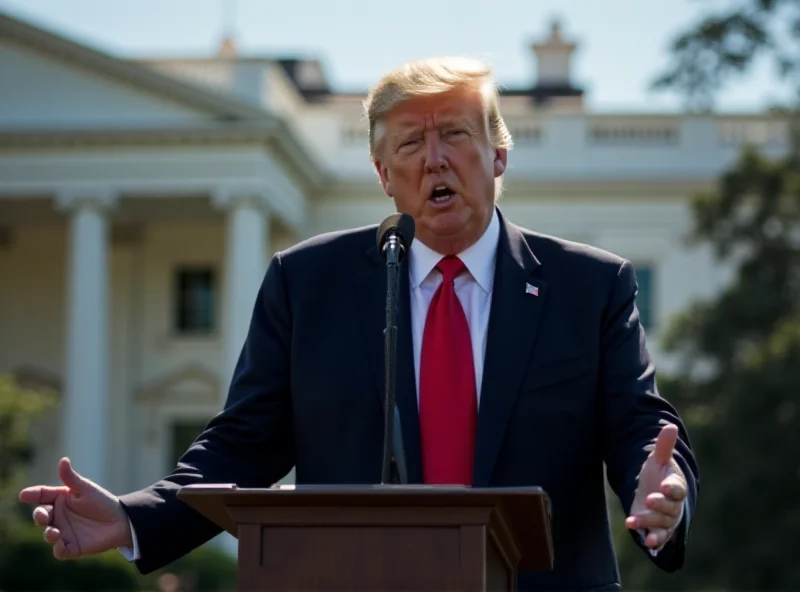 Donald Trump speaking at a podium with reporters in the background.