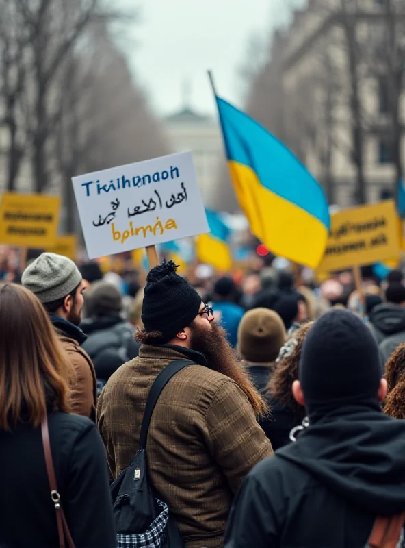 A diverse crowd of protestors holding signs with Ukrainian flags waving in the background.