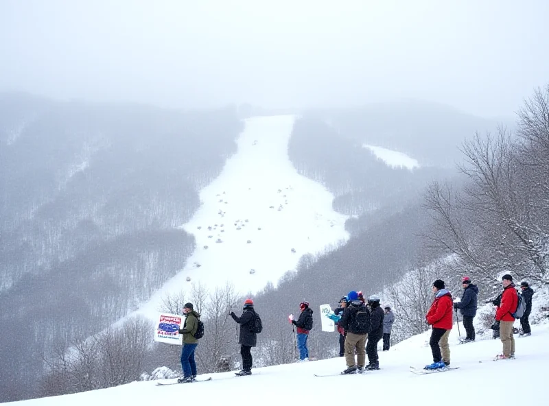 A snow-covered mountain landscape with skiers in the background, and protestors holding signs in the foreground.