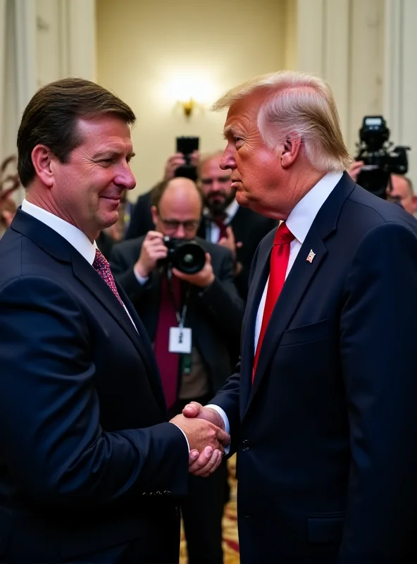 Donald Trump and Volodymyr Zelensky shaking hands, both looking stern