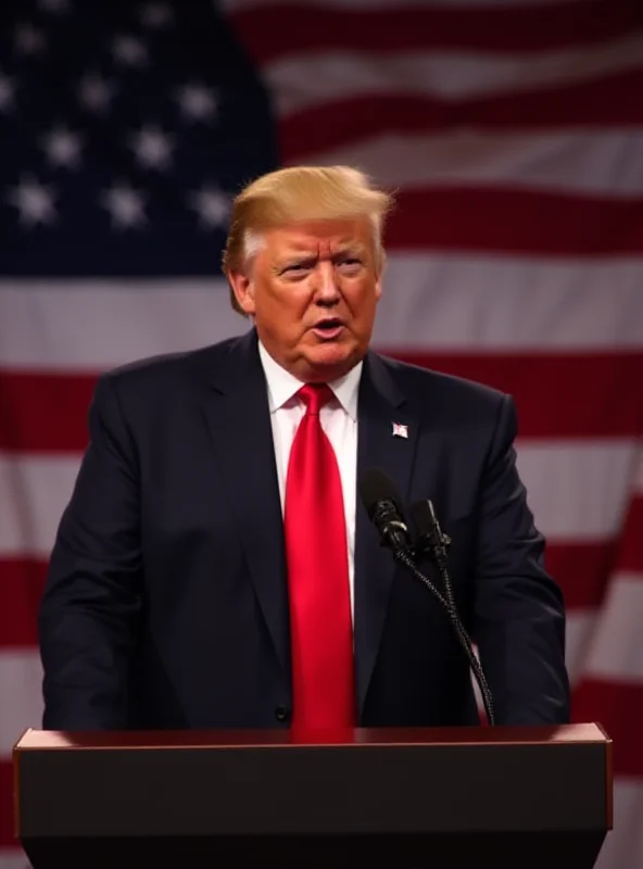 Donald Trump giving a speech in front of an American flag.