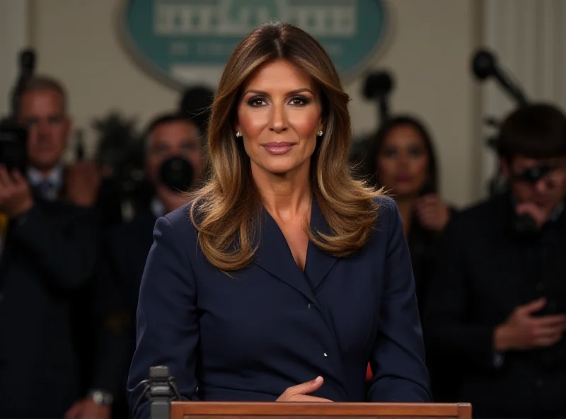 Melania Trump speaking at a podium with a serious expression, advocating for legislation against deepfakes