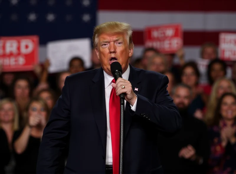 Donald Trump speaking at a rally, looking directly at the camera with a determined expression, with a crowd of supporters blurred in the background