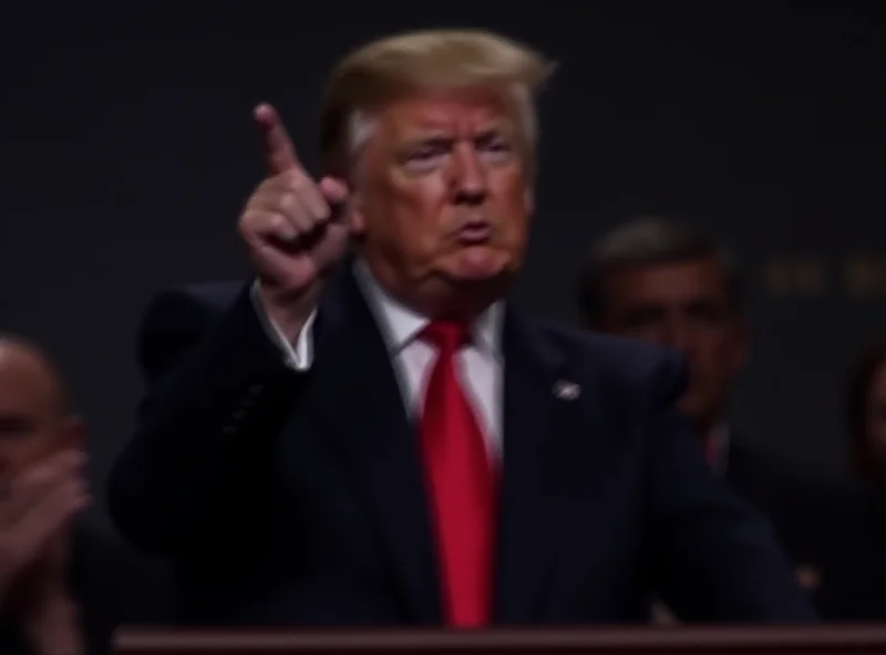 Donald Trump standing at a podium, looking stern and pointing his finger.