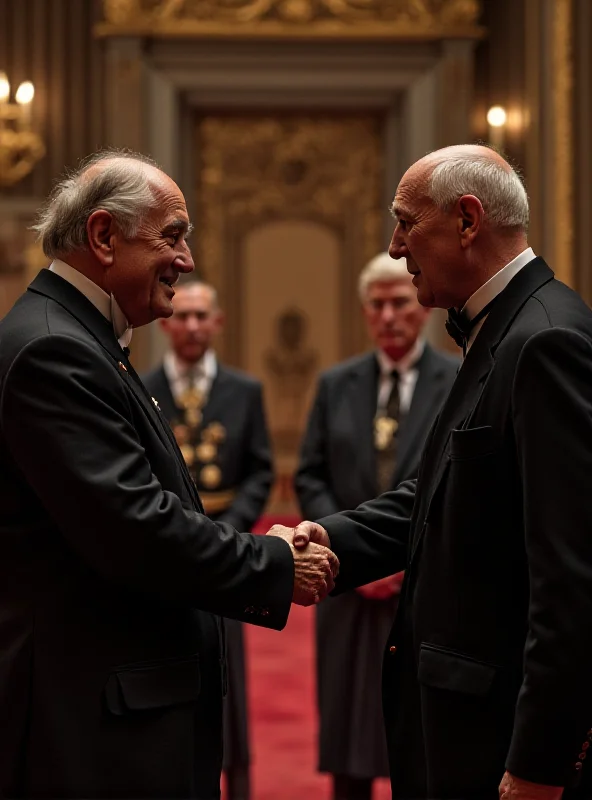 King Charles III shaking hands with a political leader in a formal setting, with a focus on their clasped hands.