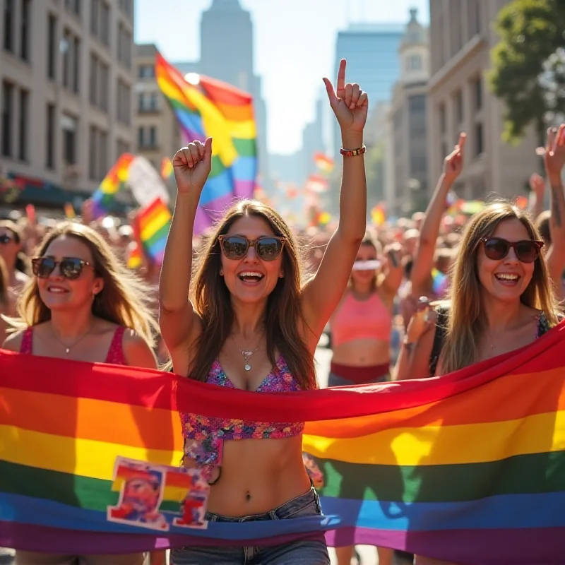 A vibrant and colorful Pride parade scene, with people holding rainbow flags and banners, smiling and celebrating.