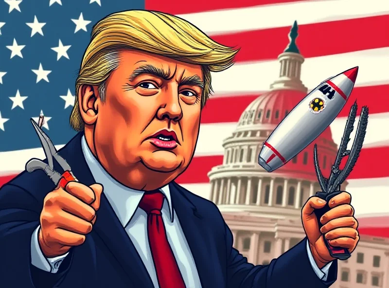 Illustration of Donald Trump holding pruning shears, symbolically clipping the wings of a rocket with Elon Musk's face on it, set against a backdrop of the American flag and a silhouette of the U.S. Capitol building.