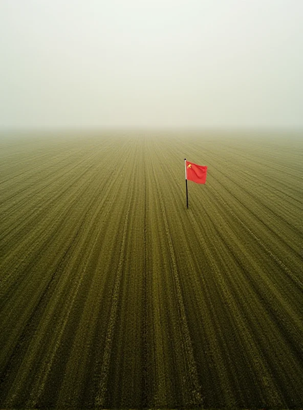 Aerial view of vast American farmland, with a faint Chinese flag subtly superimposed in the distance, symbolizing potential Chinese influence and control over U.S. agricultural land. The sky is overcast, creating a serious and contemplative mood.