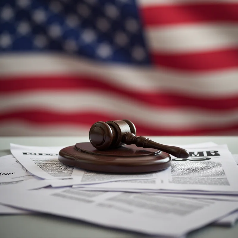 Gavel resting on a stack of legal documents with the US flag blurred in the background, symbolizing the legal complexities and political implications of presidential power and accountability. Focus is on the gavel and the legal documents.