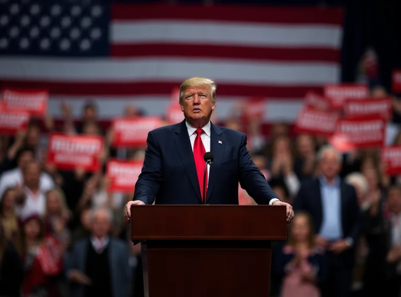 Donald Trump giving a speech at a podium with an American flag backdrop