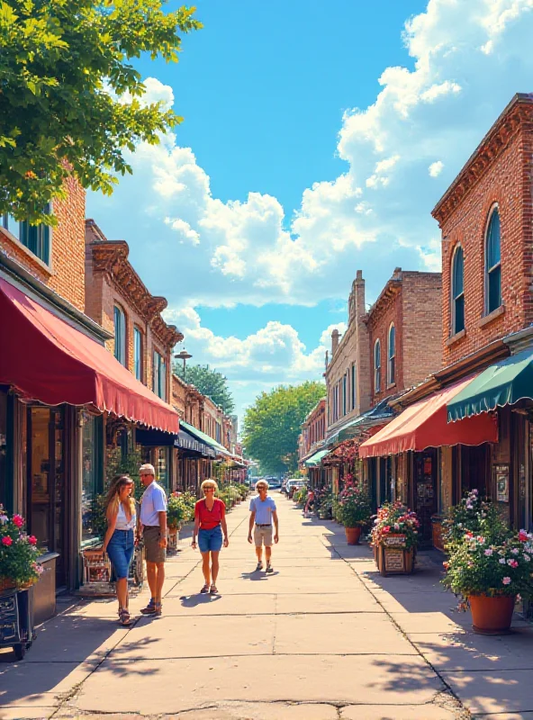 A bustling Main Street scene with small shops and people walking around