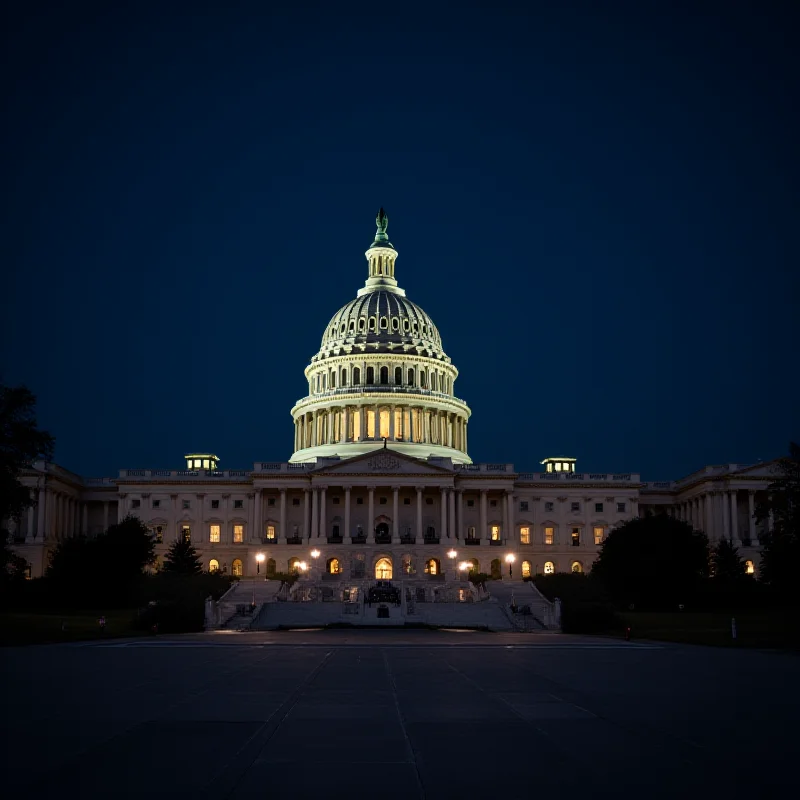 The US Capitol building at night, illuminated with lights