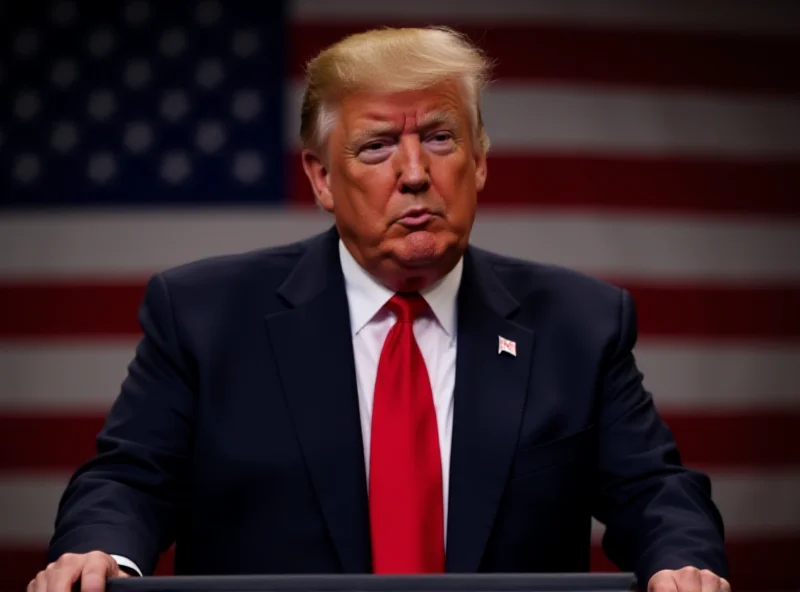 President Trump speaking at a podium with the American flag in the background, looking stern.
