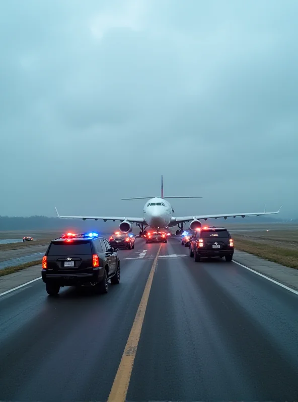 A convoy of police vehicles escorting a plane at an airport, symbolizing the extradition of cartel leaders.