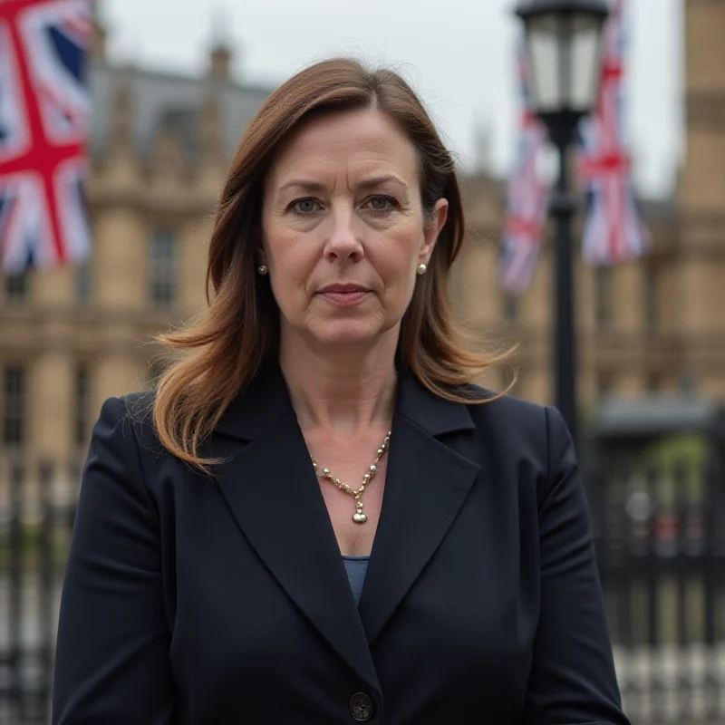 Anneliese Dodds standing outside of parliament, looking serious. A subtle Union Jack flag is in the background.