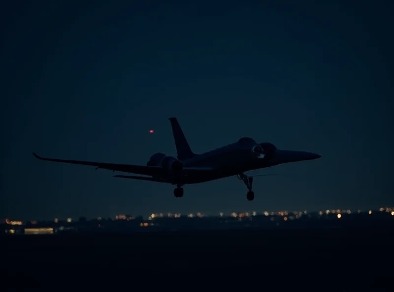 A private jet taking off at night, silhouetted against a dark sky with city lights in the distance.