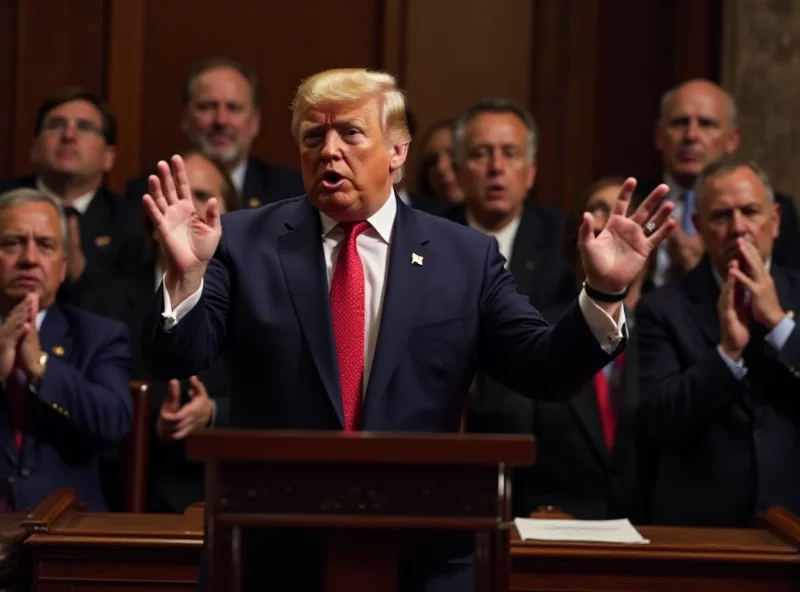 Image of Donald Trump giving a speech to Congress, with Republicans cheering and Democrats looking somber.
