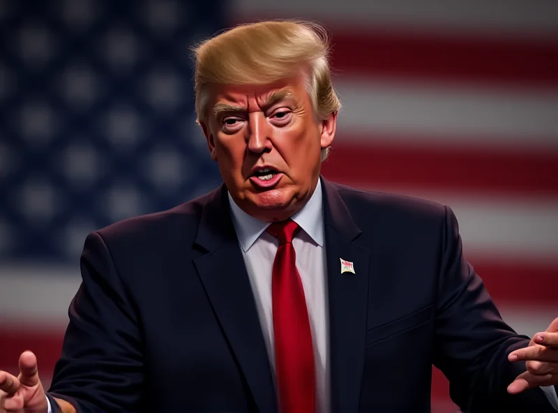 Illustration of President Trump giving a speech at a podium with a serious expression.