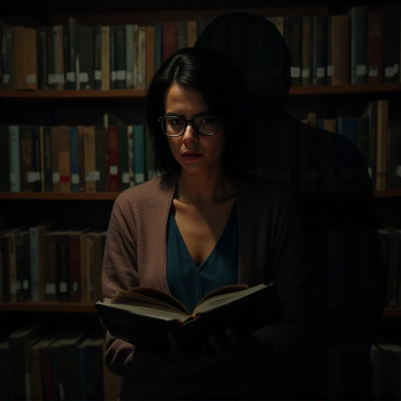 A librarian standing in front of bookshelves, looking concerned and holding a book, with a shadow looming over them.
