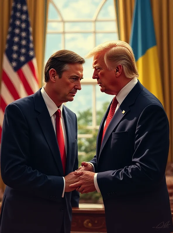 Digital illustration of Trump and Zelensky shaking hands awkwardly in the Oval Office.