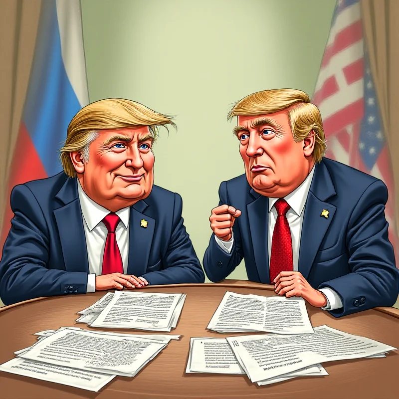 Cartoon depicting Donald Trump and Vladimir Putin sitting at a table, seemingly in agreement.