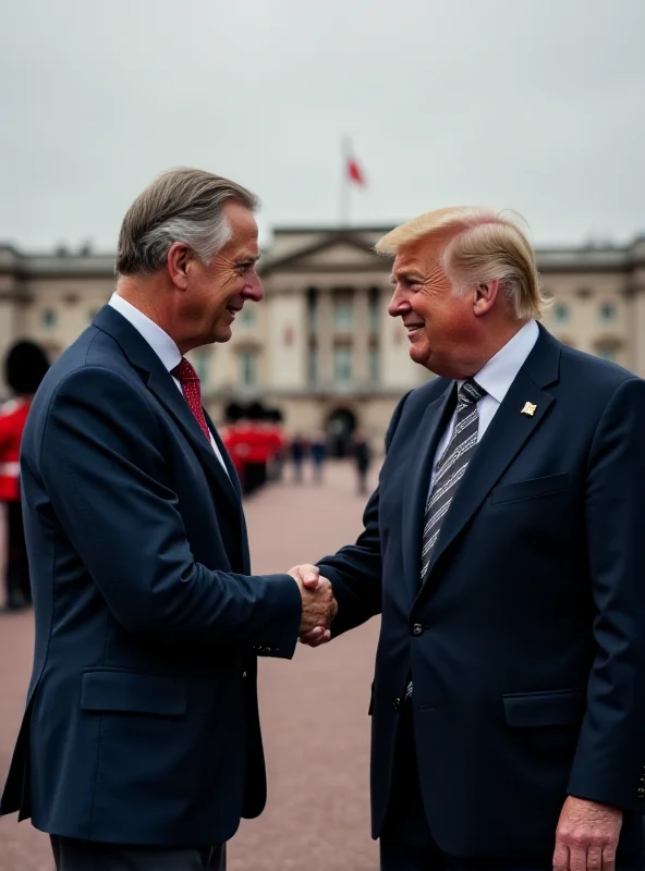 King Charles III and Donald Trump smiling and shaking hands in front of Buckingham Palace.