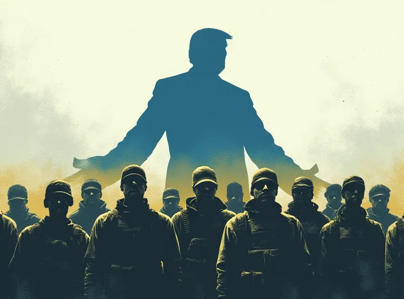 Illustration of a tense political standoff between the US and Ukraine, with a silhouette of Trump in the background and Ukrainian soldiers in the foreground.