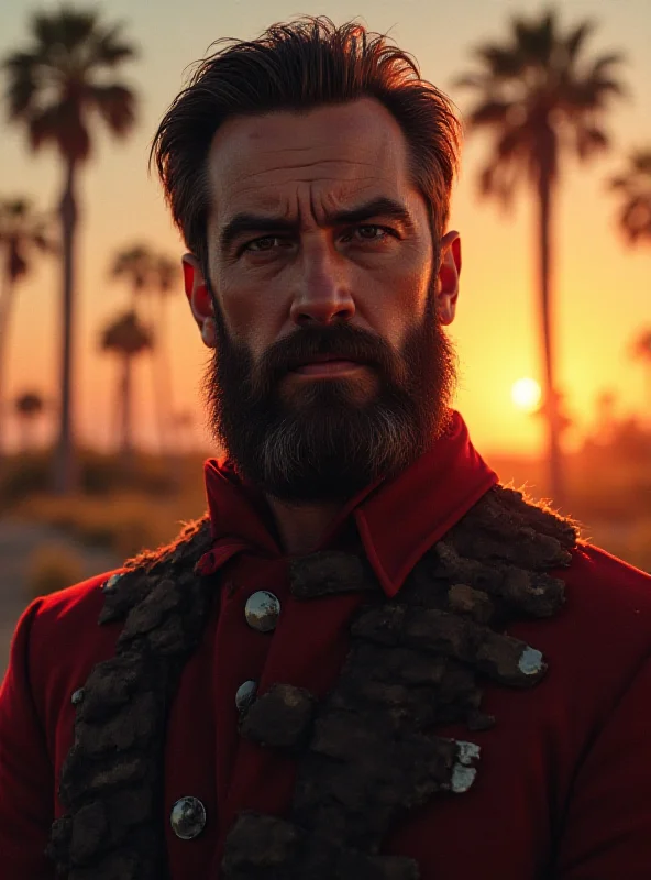 A digital illustration of Justin Blaxton, a Florida man with a beard and wearing a confederate soldier's uniform, looking menacingly at the viewer. The background is blurred and depicts a Florida landscape.