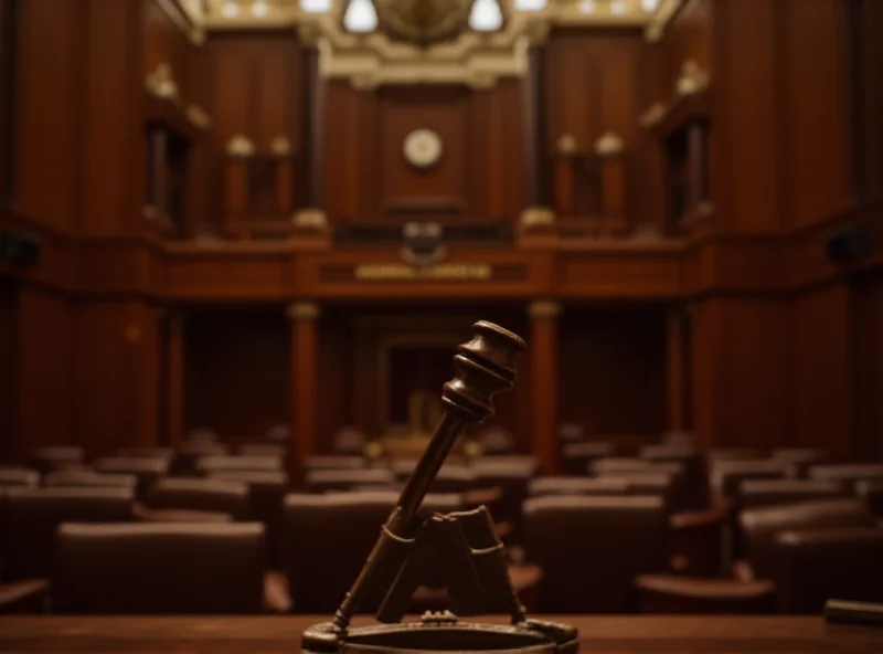A gavel slamming down on a sound block in the United States House of Representatives chamber. Focus is on the gavel and the block; the background is slightly blurred, showing the rows of empty seats and the overall grandeur of the chamber.