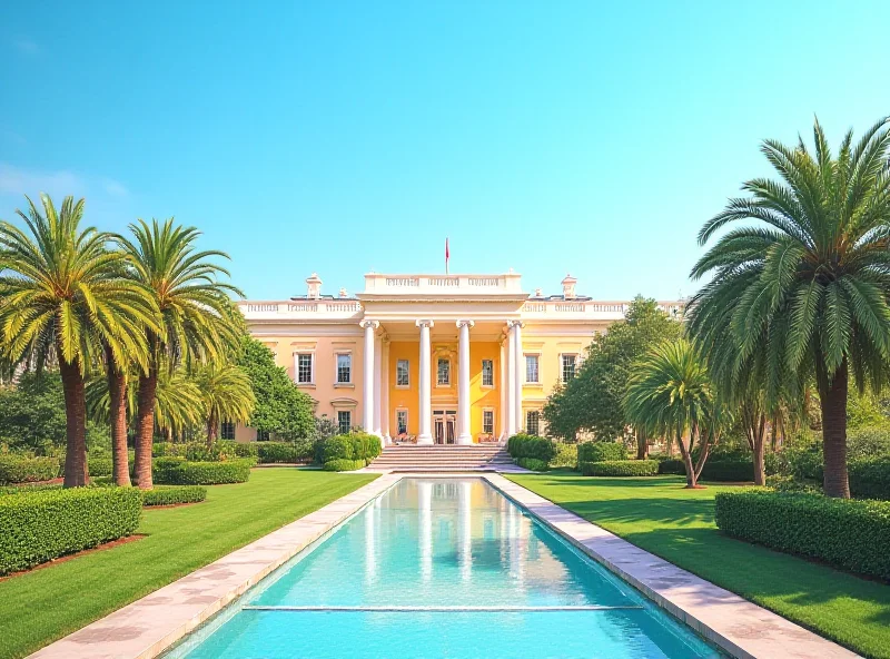 Image of the White House exterior with a Mar-a-Lago style makeover, including palm trees and a more opulent facade.