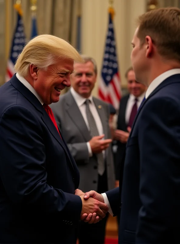 Close-up image of Donald Trump shaking hands with a crypto industry leader at the White House.