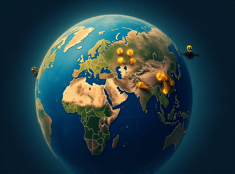 Illustration of a globe with a map of Ukraine highlighted and overlaid with nuclear symbols.