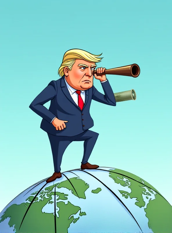 A cartoon image of Donald Trump standing on top of a globe, looking through a telescope towards Greenland. He is wearing a suit and tie and has a determined expression on his face.