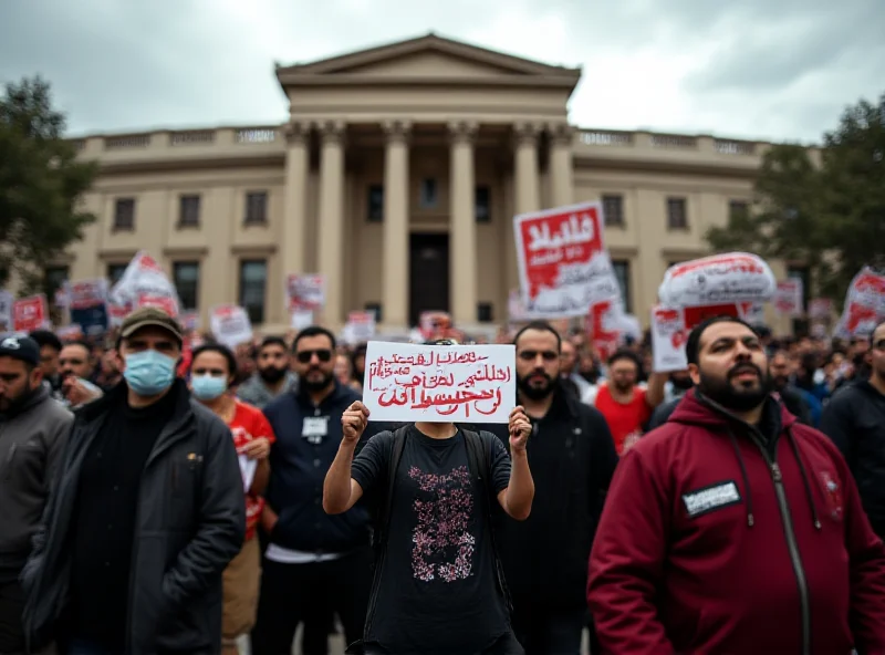 Crowd protesting in front of a courthouse in Tunis, Tunisia, holding signs and banners.