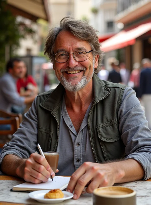 Jan Kammann sitting at a cafe in Turkey, smiling and taking notes in a journal