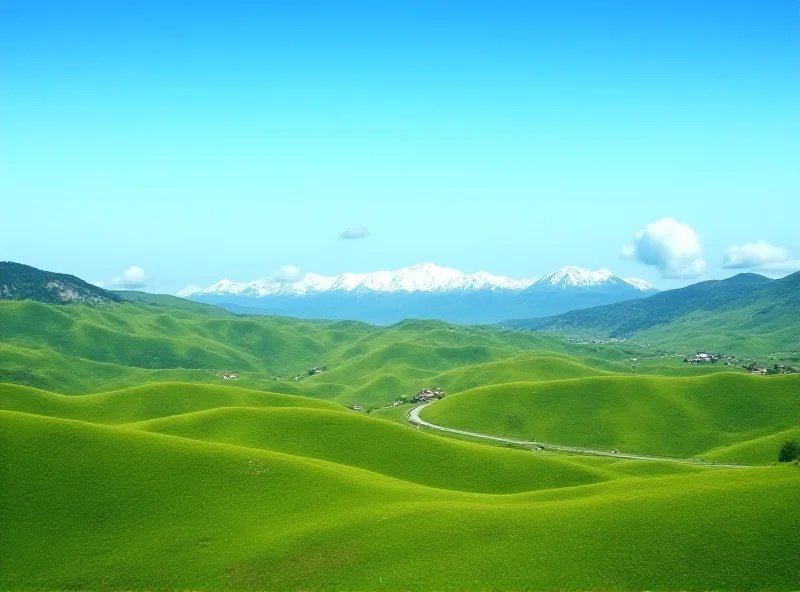 A panoramic view of the Turkish landscape, showcasing rolling hills and distant mountains under a bright blue sky