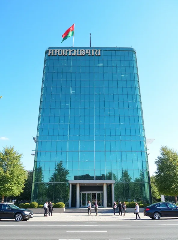 Modern bank building with Turkmenistan flag