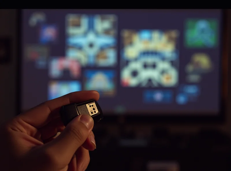 A person holding a USB flash drive, with retro gaming console images projected onto a nearby wall.