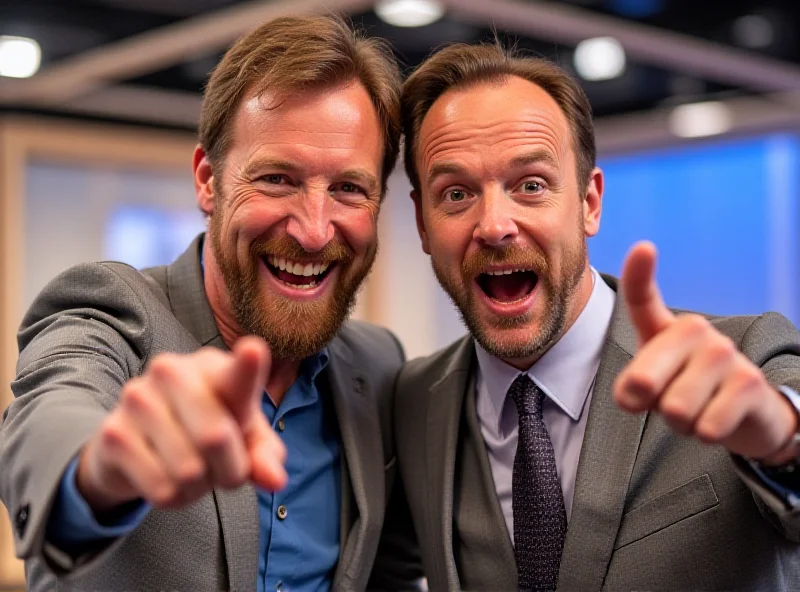 Joko and Klaas on television. Joko is smiling and pointing at the camera while Klaas is making a funny face next to him.