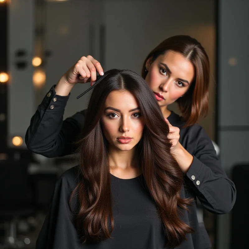 A model having her hair styled by a professional hairdresser, with bright studio lights in the background.
