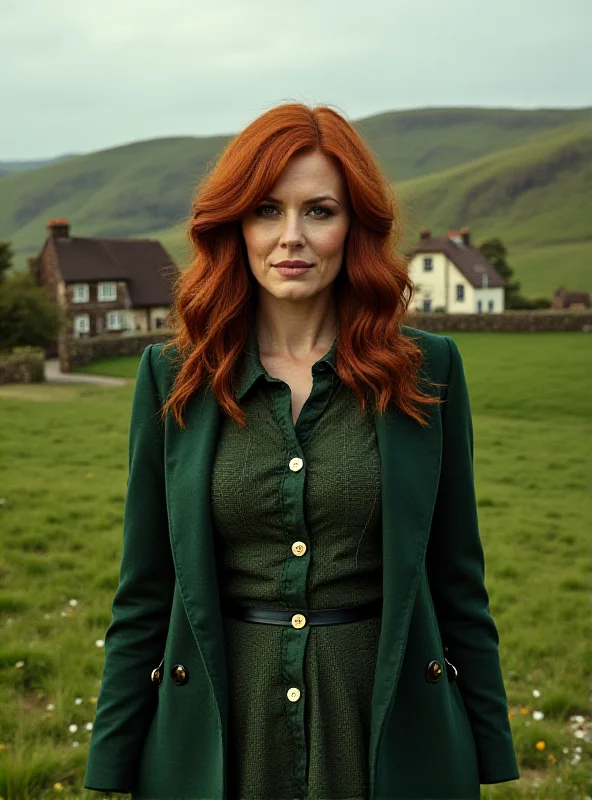 Christina Hendricks as Wendy in a rural Irish setting, looking stylish and slightly out of place. The background shows rolling green hills and traditional Irish cottages.