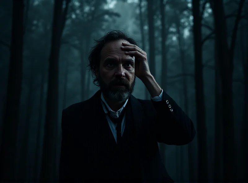 A dramatic scene with Paddy Considine as Dr. Séamus, looking concerned and pointing towards the sky, with a subtle sci-fi element in the background.