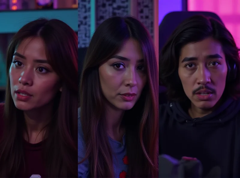 A split screen image showing the faces of Cinna, Valkyrae, and Emiru, all looking concerned.