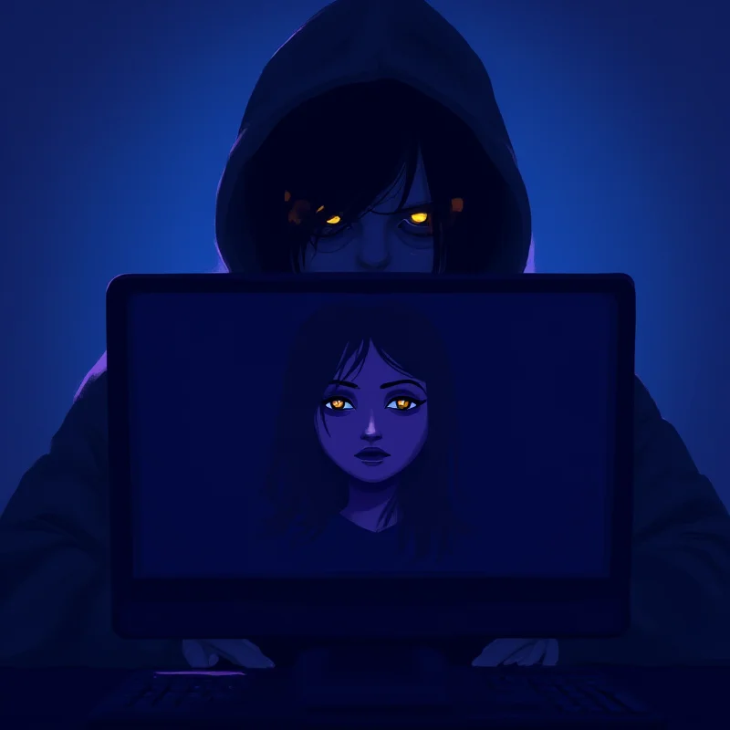 A digital illustration depicting a shadowy figure lurking behind a computer screen, representing the concept of online stalking.