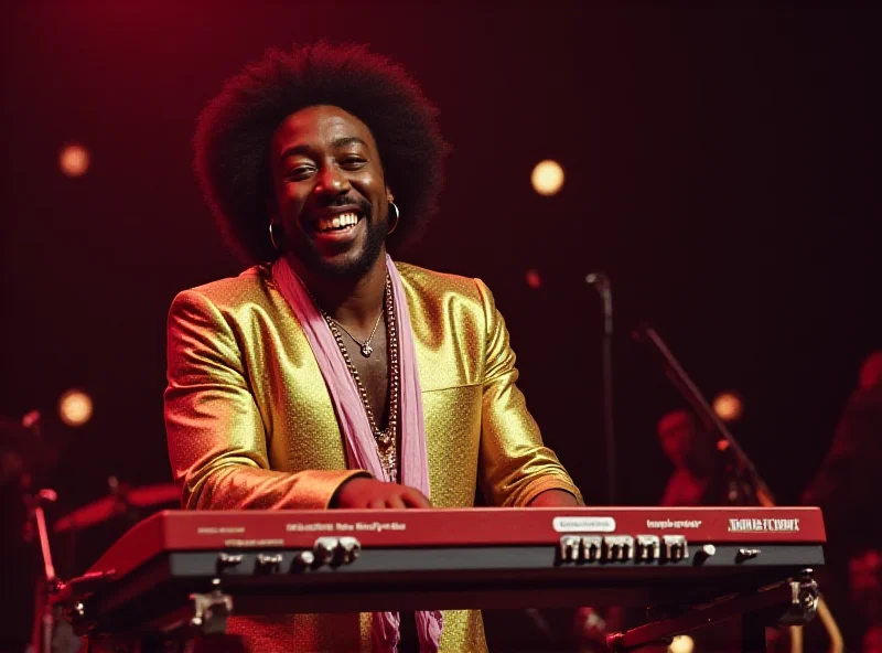 Chris Jasper performing on a keyboard with the Isley Brothers in the 1970s, wearing colorful clothing and a large smile
